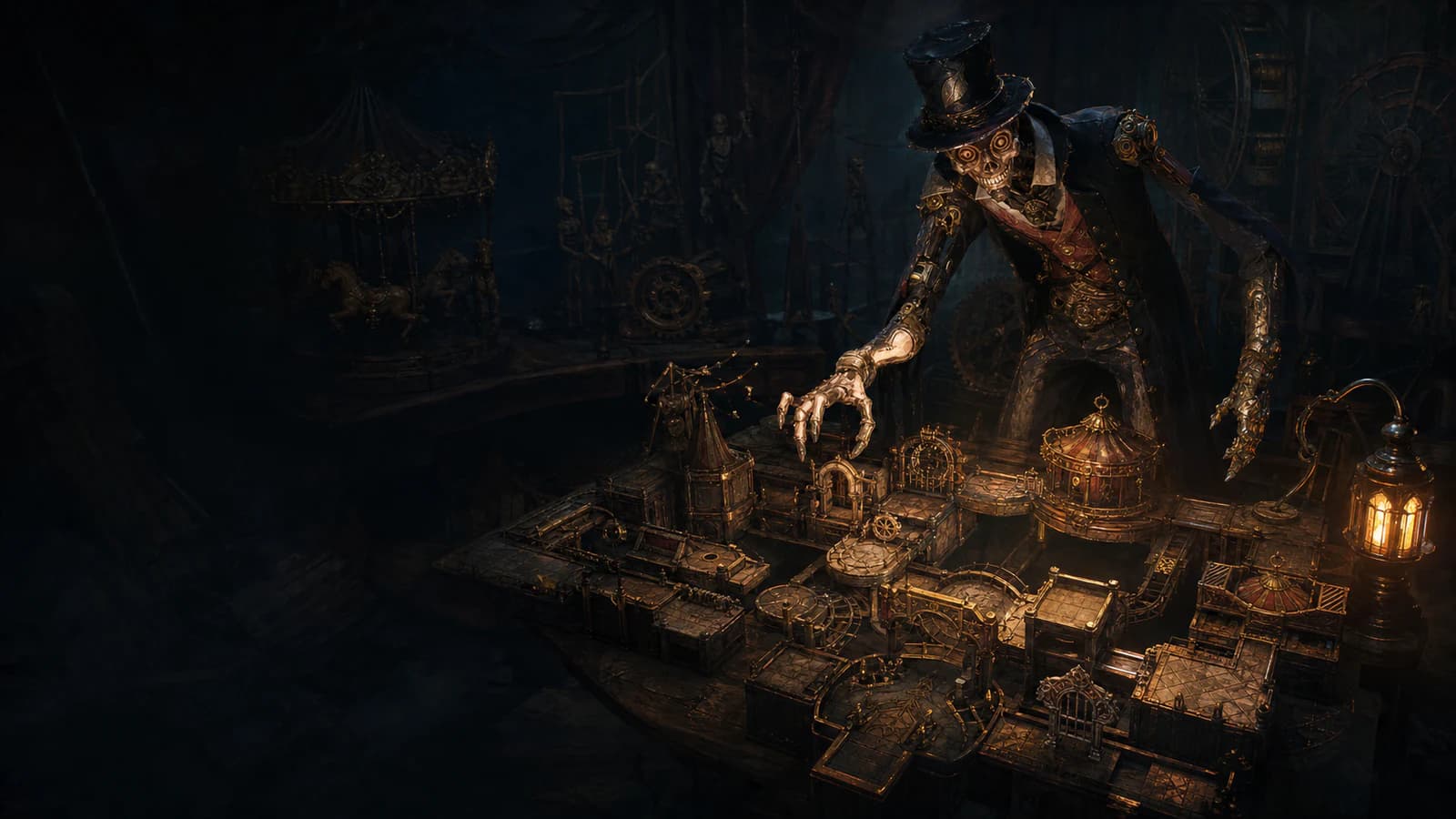 The Magician studying a mechanical model of modular carnival rooms