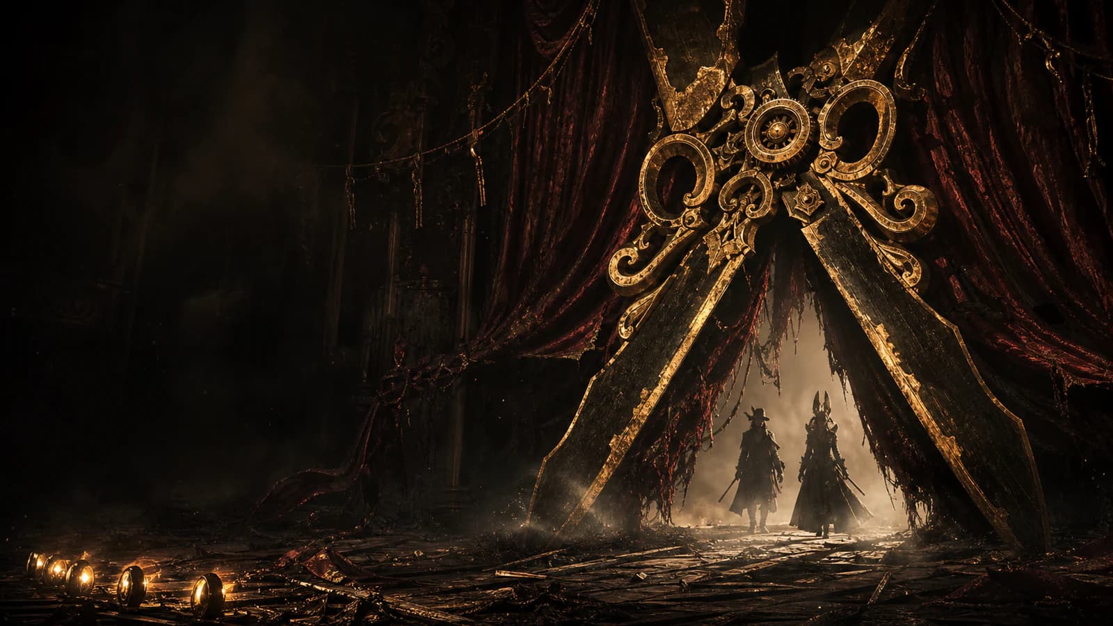 Two figures entering a ruined carnival theater beneath monumental shears