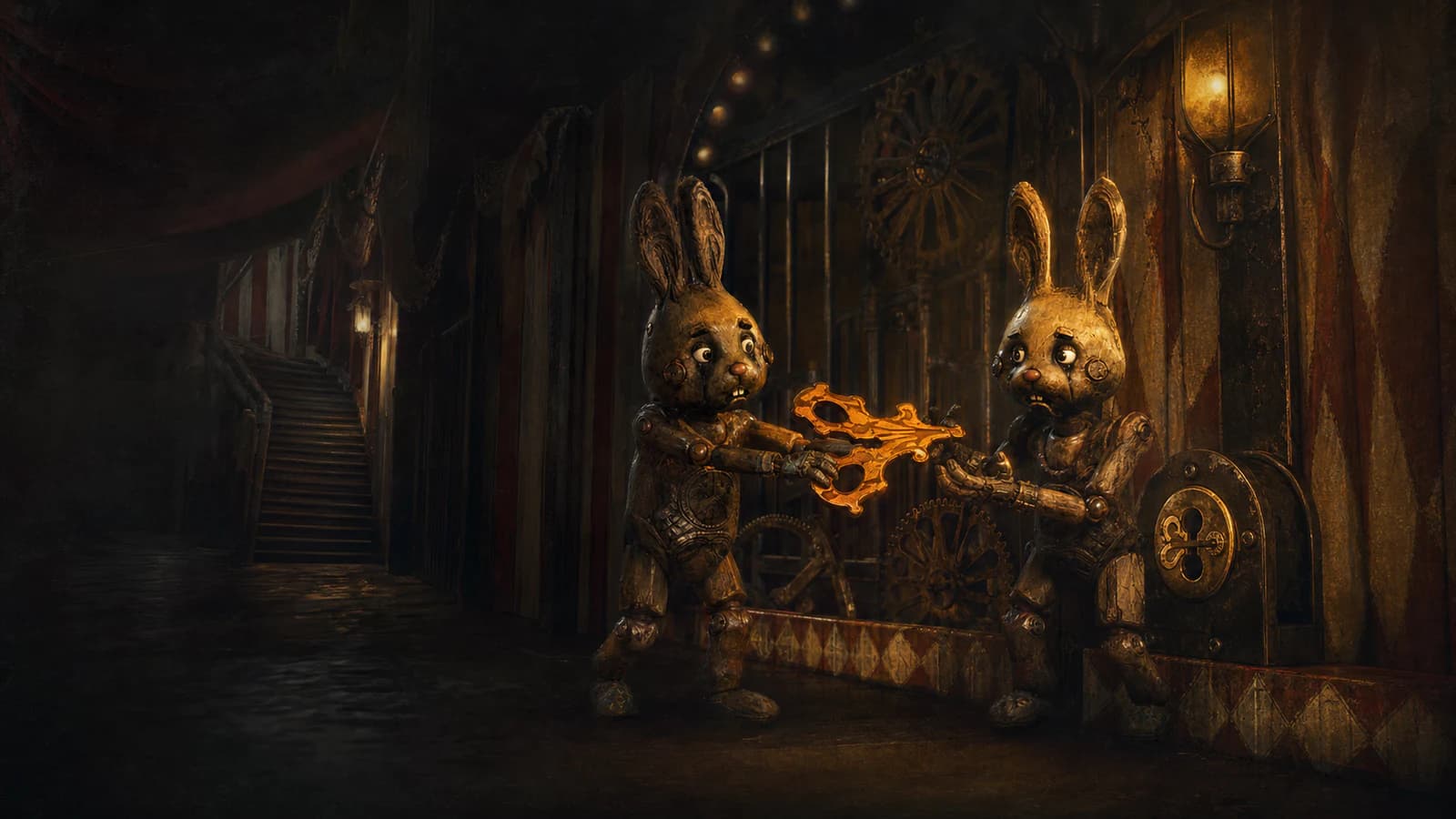 Two Bunny teammates passing a glowing Wind-Up Key beside a carnival mechanism