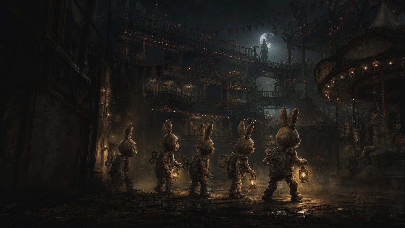 Five wind-up Bunnies entering a moonlit multi-level carnival watched by a Hunter