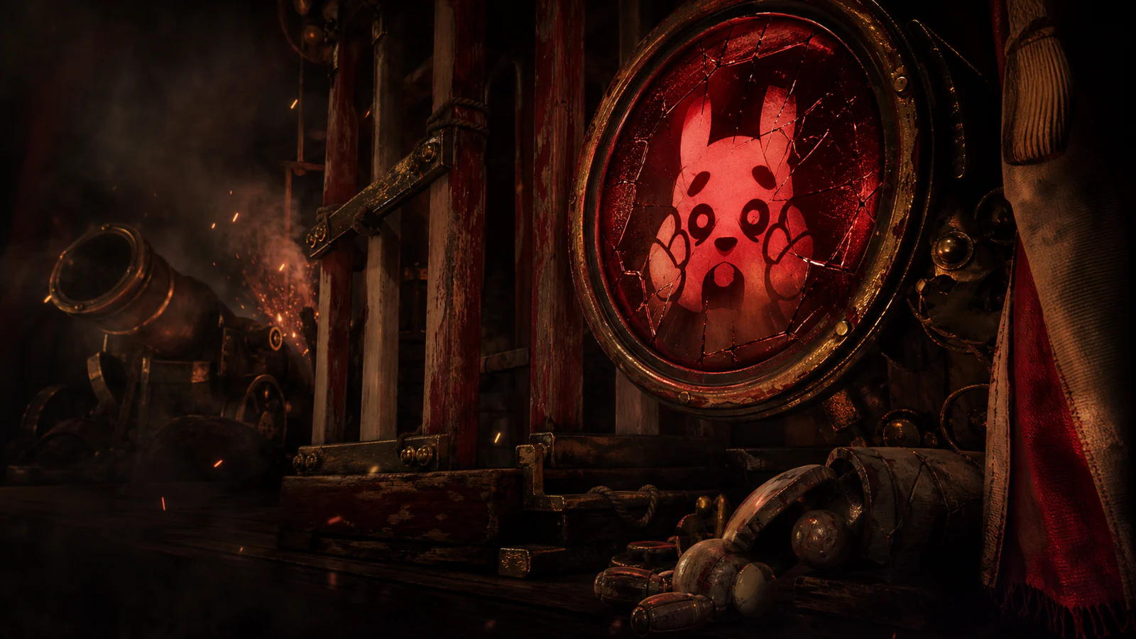 A cracked red Bunny signal beside repaired carnival cage bars and a cannon